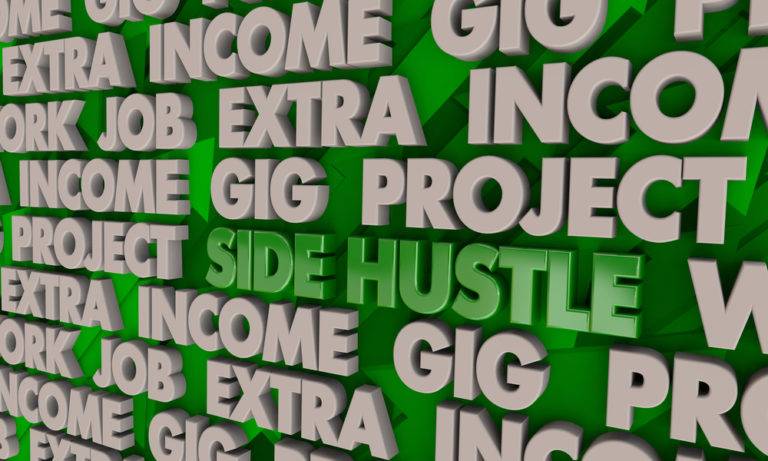Block text showing words like Gig, Project, Income, and Side Hustle - these all relate to the opportunity for creating a virtual assistant business.