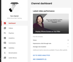 Screen grab of YouTube Studio Dashboarc