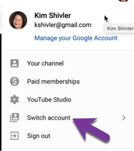 Screengrab showing the menu option to switch Google accounts
