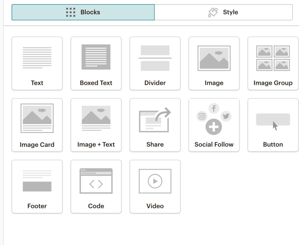 Screengrab of MailChimp's Blocks that can be dragged into an email or email template.