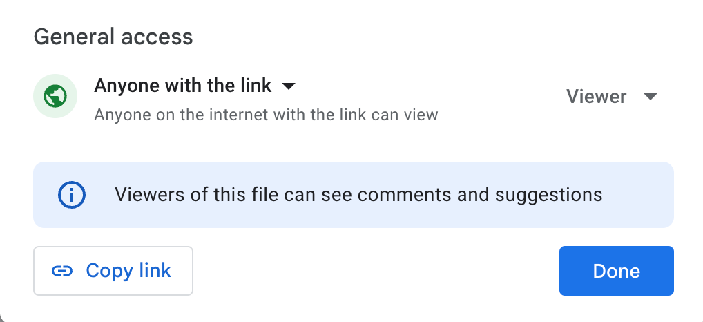 Screengrab of Google Drive Manage Access configuration showing Allow anyone with the link to view the file along with the Copy link button.