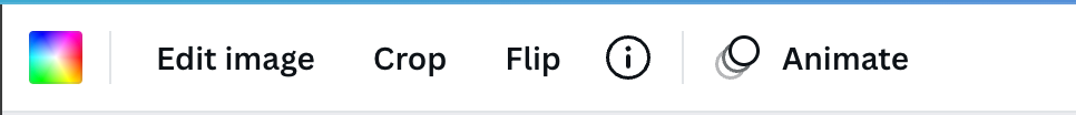 Screengrab of the Canva Edit Image menu. Has a color palette and the words Edit Image, Crop, Flip, Animate and a circle for Information
