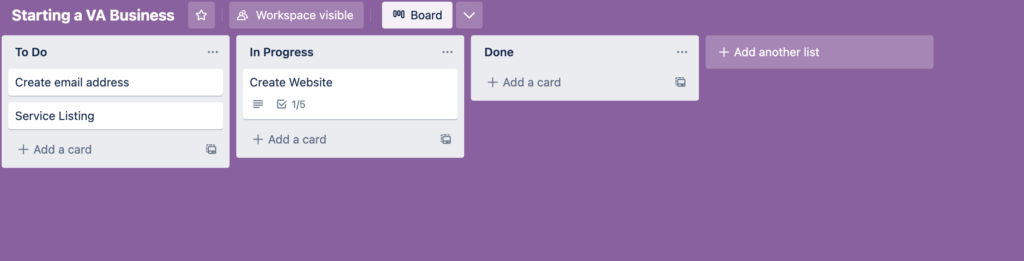 Trello screengrab showing lists and the option to "Add another list"