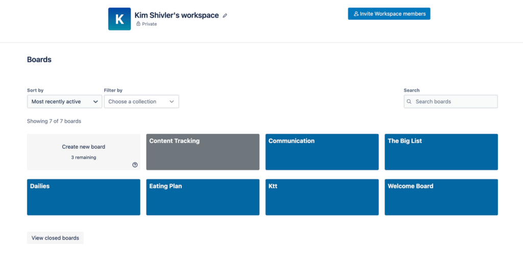 Screengrab of a Trello workspace shows the Boards that are the top-level project listings in Trello