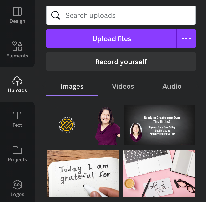 Screengrab of the Uploads section of Canva.