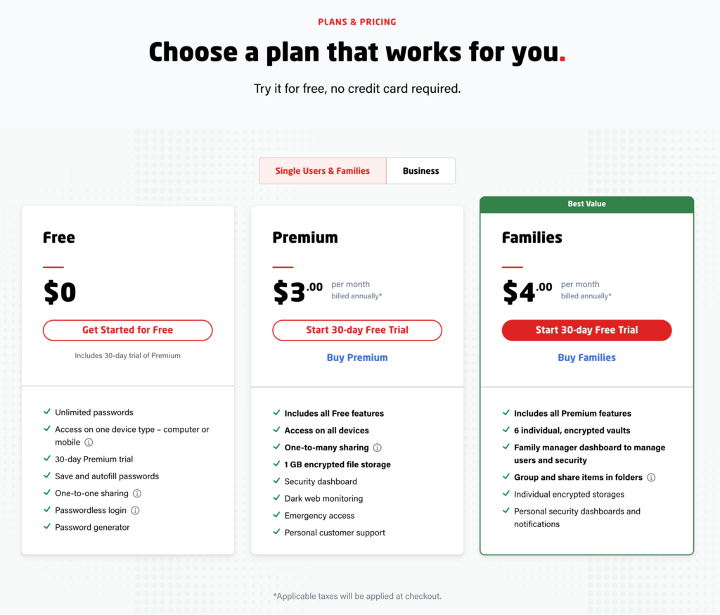 Screengrab of LastPass Password Manager Pricing Table with Options to create an account.