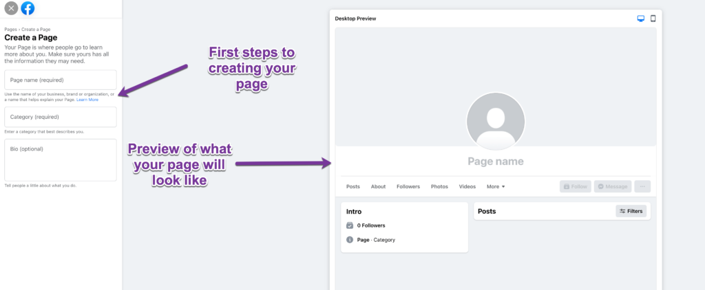 Screengrab of the initial Facebook Create a Page section showing the initial steps to creating the page and a preview of what the page will look like.