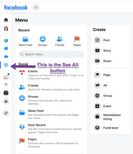 Screengrab of the Facebook menu with an arrow pointing to the "See All" button.